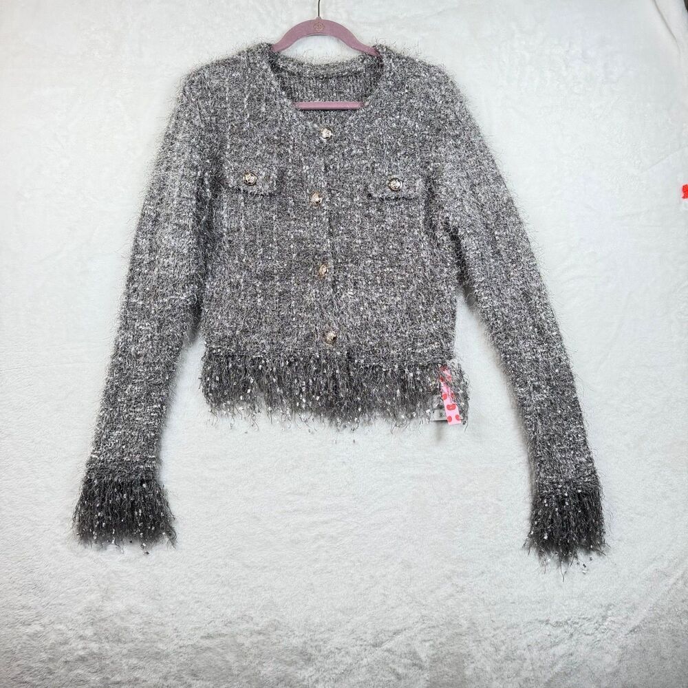 Cider NWT Gray Silver Metallic Fuzzy Fringe Knit Cardigan Sweater L